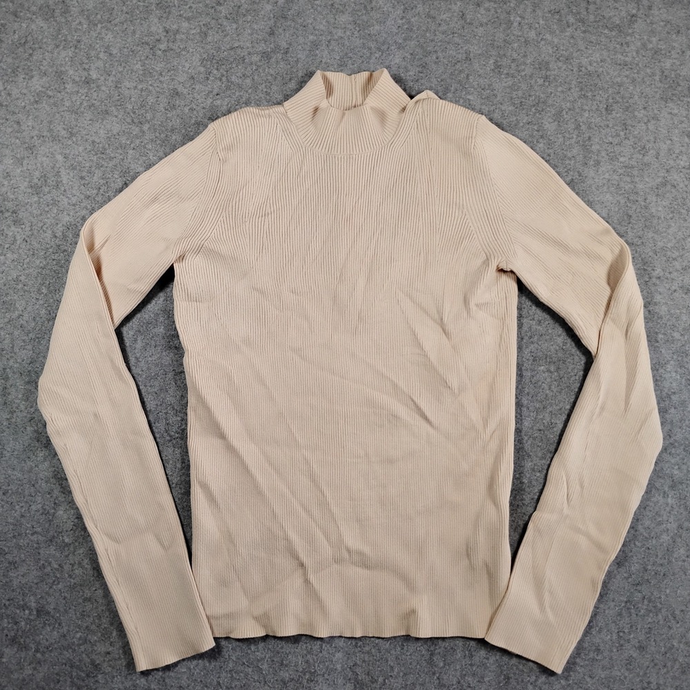 Helmut Lang Womens Beige Ribbed Mock Neck Long Sleeve Sweater Ring Size S